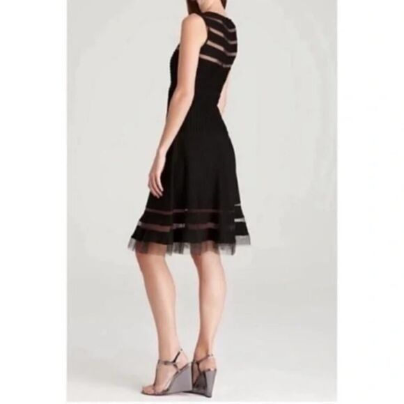 TADASHI SHOJI Designer Mesh Stripe Fit n Flare Illusion Dress Black Size 3X - Picture 4 of 12